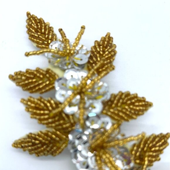 Floral Hair Barrette Bridal Prom Formal Gold-Tone Beaded & Silver Sequin - Picture 4 of 10
